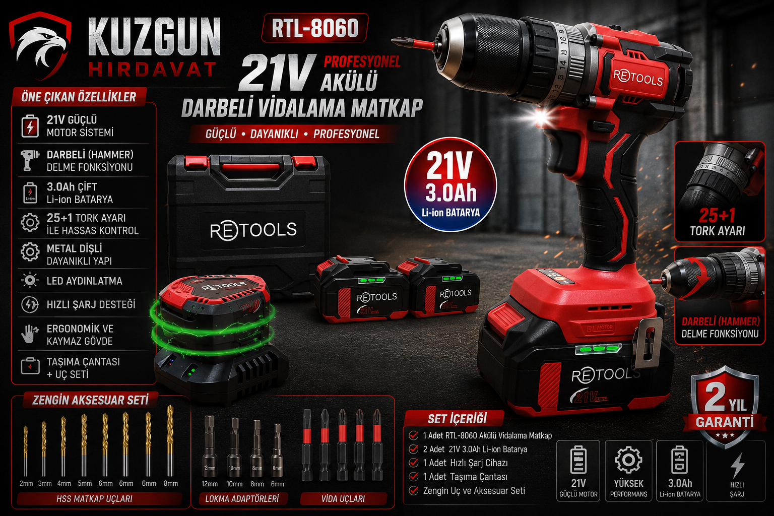 RETOOLS RTL8060 21V 3.0Ah Profesyonel Şarjlı Darbeli Vidalama Makinesi