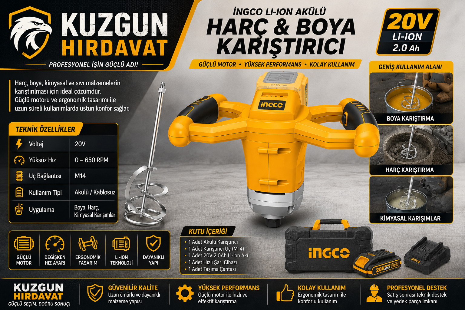 İngco Li-ion Akülü Harç & Boya Karıştırıcı 20V 2.0 Ah